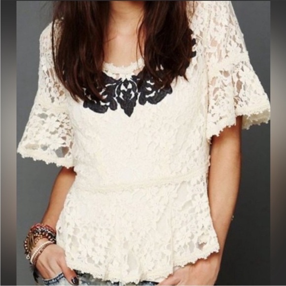 Free People Cream Lace Flutter Sleeve Blouse Black Embroidery Small - Picture 5 of 8